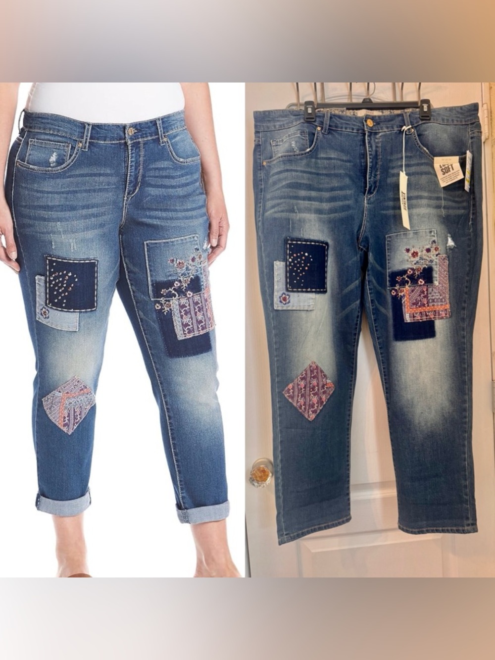 VINTAGE AMERICA PATCHWORK EMBROIDERED CROPPPED JEANS. SIZE 20W. BESTIE JEAN.